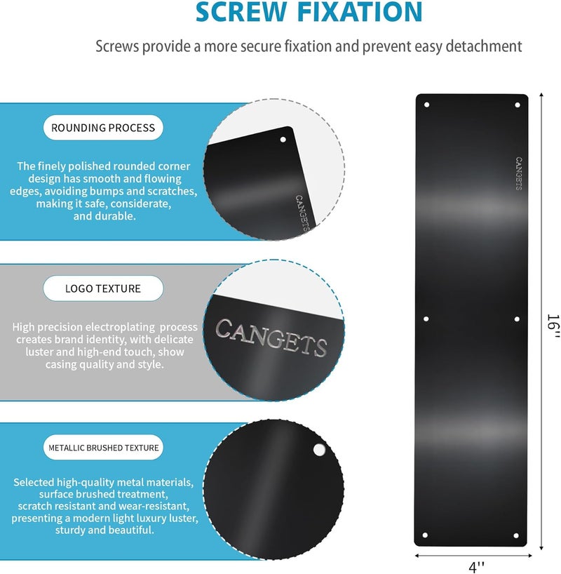 CANGETS Door Push Plate, Metal Kickplate for Bottom of Door,4x16 inch Aluminum Metal Plate Rounded Corners for Interior and Exterior Doors (Black 2 Pack) - Image 2
